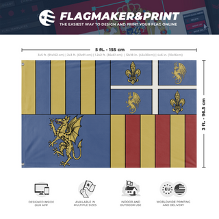 A mockup depicting custom flag specifications and measurements for 'house of ry flag'