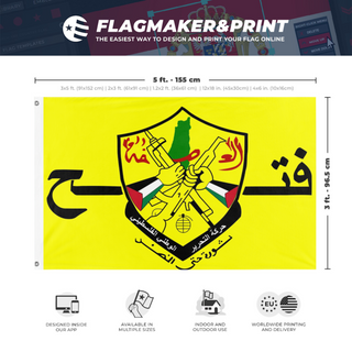 A mockup depicting custom flag specifications and measurements for 'FATAH flag'