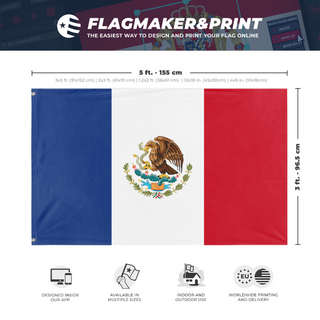 A mockup depicting custom flag specifications and measurements for 'french mexico flag'