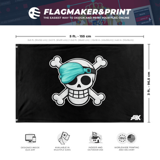A mockup depicting custom flag specifications and measurements for 'A2pirates flag'