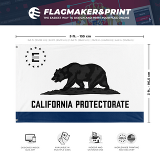 A mockup depicting custom flag specifications and measurements for 'California Protectorate'