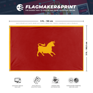 A mockup depicting custom flag specifications and measurements for 'Caesar's Legion flag'