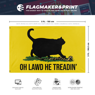 A mockup depicting custom flag specifications and measurements for 'Oh Lawd he Treadin' flag'
