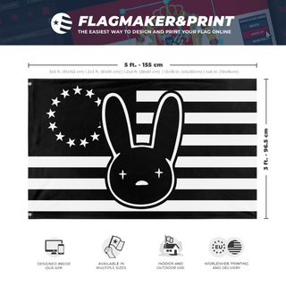 A mockup depicting custom flag specifications and measurements for 'Bad Bunny American Flag Burning'