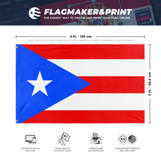 A mockup depicting custom flag specifications and measurements for 'Puerto Rico flag'