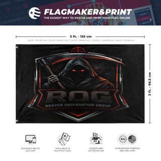 A mockup depicting custom flag specifications and measurements for 'ROG flag'