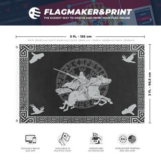 A mockup depicting custom flag specifications and measurements for 'Odin Pagan flag'