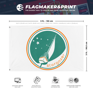 A mockup depicting custom flag specifications and measurements for 'Stargazer flag'