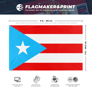 A mockup depicting custom flag specifications and measurements for 'Pro-Independence Peurto Rico flag'