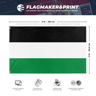 A mockup depicting custom flag specifications and measurements for 'Pan-Arab Tricolor flag'