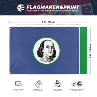 A mockup depicting custom flag specifications and measurements for 'State of Franklin Flag'