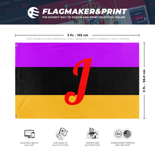 A mockup depicting custom flag specifications and measurements for 'alpha sigma male grnder identity flag'