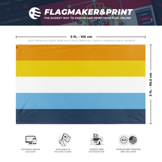 A mockup depicting custom flag specifications and measurements for 'Sunset Flag'