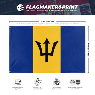 A mockup depicting custom flag specifications and measurements for 'test 1 flag'