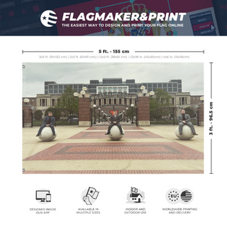 A mockup depicting custom flag specifications and measurements for 'test1 flag'