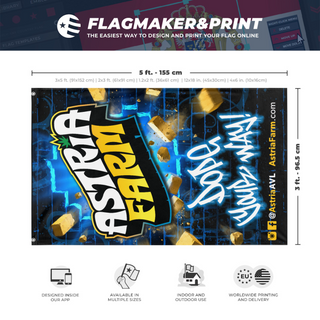 A mockup depicting custom flag specifications and measurements for '[PREVEW] Astria Farm Banner flag'