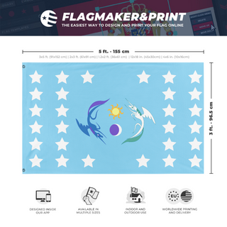 A mockup depicting custom flag specifications and measurements for 'Kingdom of Equestria flag'