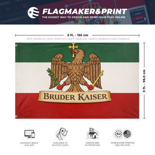 A mockup depicting custom flag specifications and measurements for 'Bruder Kaiser  flag'