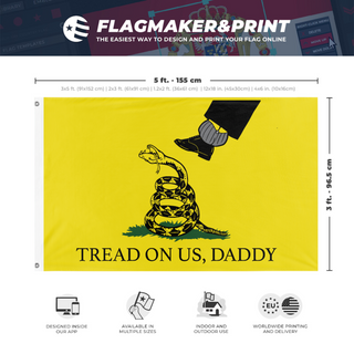 A mockup depicting custom flag specifications and measurements for 'TREAD ON US DADDY DESKTOP flag'