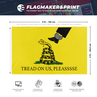 A mockup depicting custom flag specifications and measurements for 'TREAD ON US, PLEASE flag'