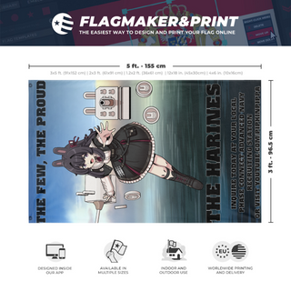 A mockup depicting custom flag specifications and measurements for 'harin flag'
