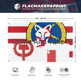 A mockup depicting custom flag specifications and measurements for 'test1 flag'