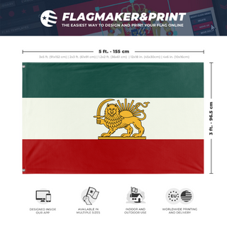 A mockup depicting custom flag specifications and measurements for 'Iran - Lion and Sun flag'