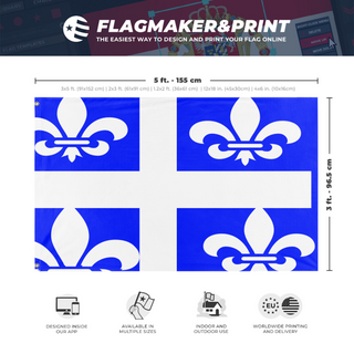 A mockup depicting custom flag specifications and measurements for 'Quebec  flag'