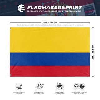 A mockup depicting custom flag specifications and measurements for 'Colombia  flag'