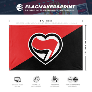 A mockup depicting custom flag specifications and measurements for 'Antifa Love Flag'