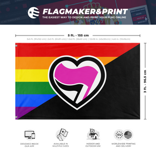 A mockup depicting custom flag specifications and measurements for 'Antifa Pride flag'