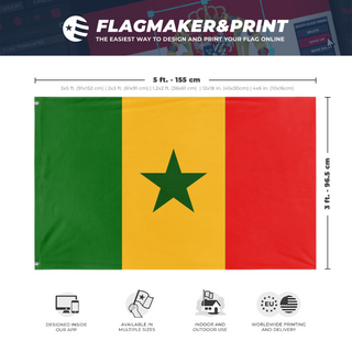 A mockup depicting custom flag specifications and measurements for 'Senegal flag'