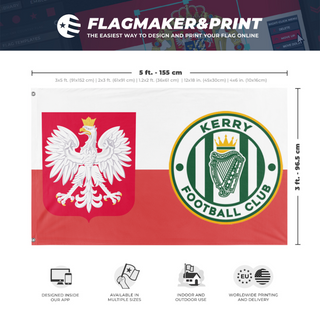A mockup depicting custom flag specifications and measurements for 'Polish Kerry FC Fans Flag'
