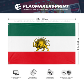 A mockup depicting custom flag specifications and measurements for 'Royal Iran Lion & Sun Flag'