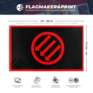 A mockup depicting custom flag specifications and measurements for 'Iron Front with Red Border flag'