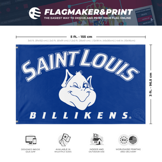 A mockup depicting custom flag specifications and measurements for 'Saint Louis Billikens flag'