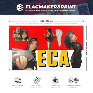 A mockup depicting custom flag specifications and measurements for 'Ecaworld flag'