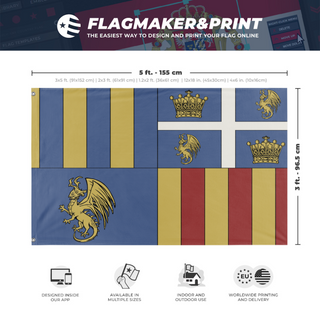 A mockup depicting custom flag specifications and measurements for 'house of vermax flag'