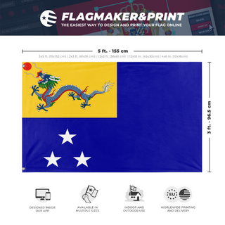 A mockup depicting custom flag specifications and measurements for 'qing navy flag'