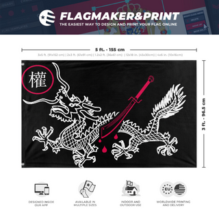 A mockup depicting custom flag specifications and measurements for 'anarchist china flag'