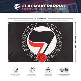 A mockup depicting custom flag specifications and measurements for 'antifa flag'