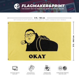 A mockup depicting custom flag specifications and measurements for 'okay flag'