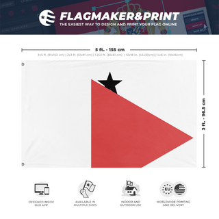 A mockup depicting custom flag specifications and measurements for 'test 7 flag'