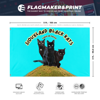 A mockup depicting custom flag specifications and measurements for 'Siouxland Black Kats flag'