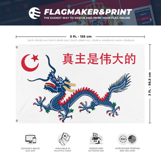 A mockup depicting custom flag specifications and measurements for 'great qing'
