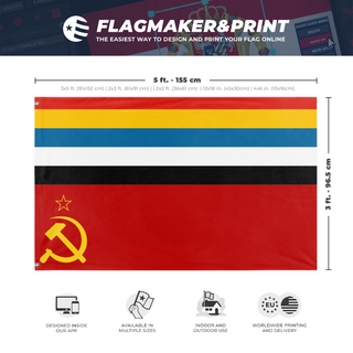 A mockup depicting custom flag specifications and measurements for 'chinese soviet railway company flag'
