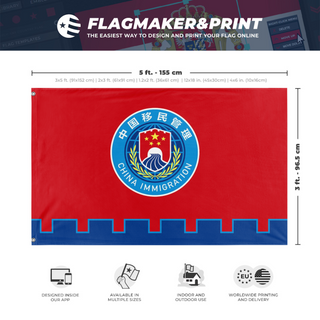 A mockup depicting custom flag specifications and measurements for 'chinease immgartion flag'