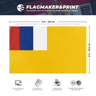 A mockup depicting custom flag specifications and measurements for 'south chara auomuns goverment  flag'