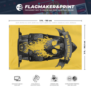 A mockup depicting custom flag specifications and measurements for 'Bots flag'
