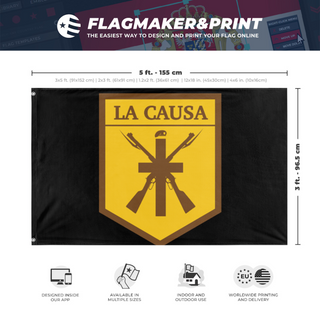 A mockup depicting custom flag specifications and measurements for 'la causa'